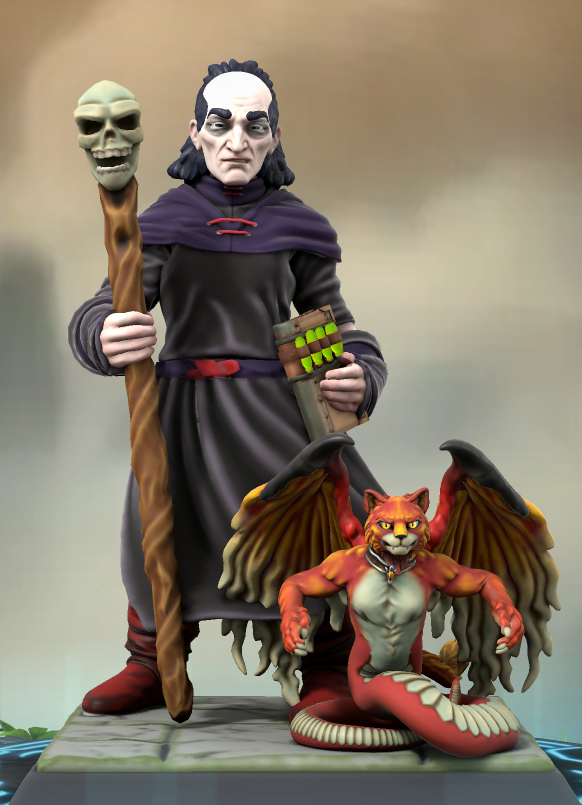 Le sorcier Gargamel, tenant un bâton surmonté d'un crâne et un manuel d'alchimie.
Azrael, à ses pieds, est un mélange de chat et de serpent, avec des ailes démoniaques.