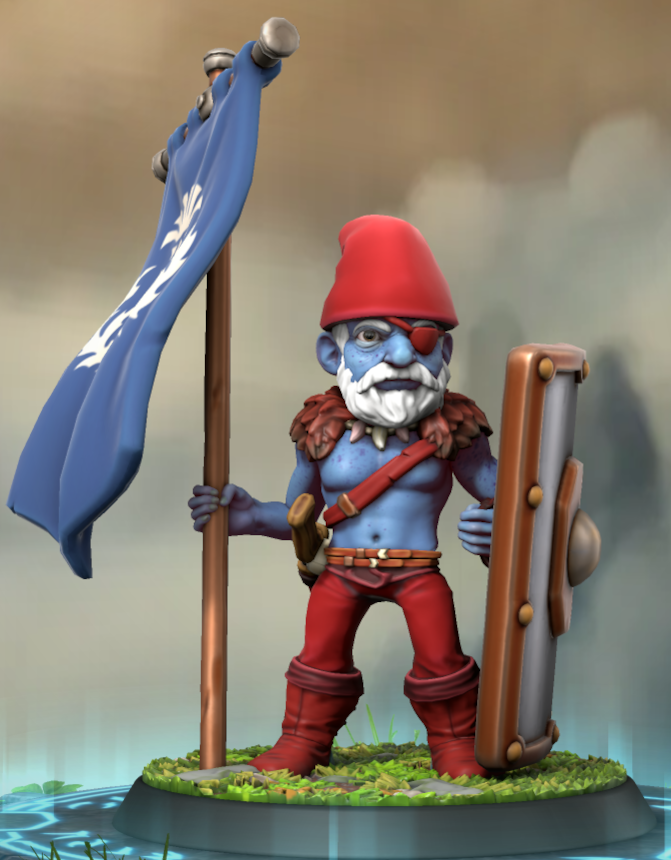 Le Grand Schtroumpf, vêtu de rouge et l'air sévère. Il porte un étendard bleu et un bouclier. Il a un bandeau sur l’œil gauche.