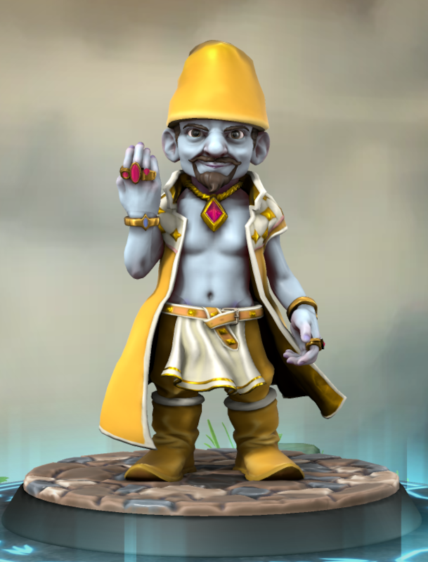 Le Schtroumpfissime. Ses vêtements sont jaune-doré. Il porte plein de bijoux et un lourd manteau décoré.
Il a un bouc et une moustache brun clair.