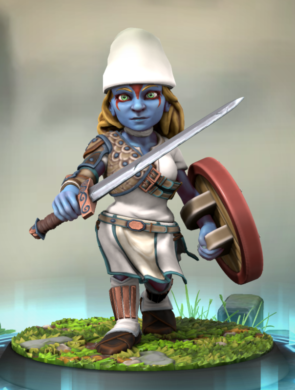 Une Schtroumpfe brandissant une épée et un bouclier. Elle porte une armure légère et des peintures de guerre.
