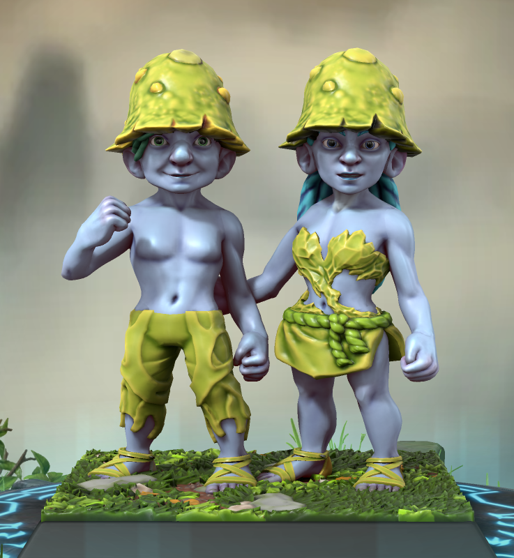 Un Schtroumpf et une Schtroumpfe en tenue vert clair. Leurs bonnets ont des forme de champignon