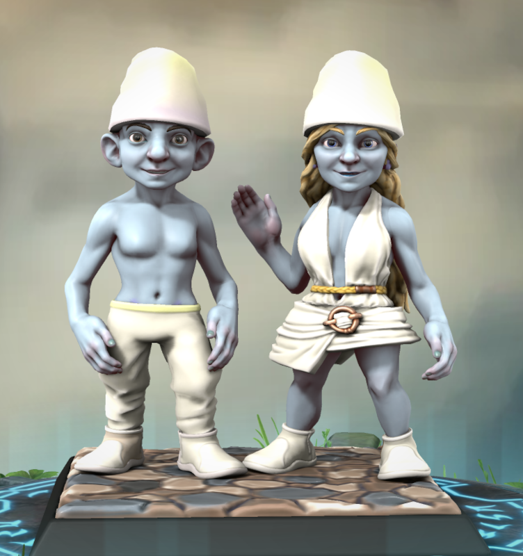Un Schtroumph et une Schtroumphe à la peau bleu pâle portant des vêtements blanc simples