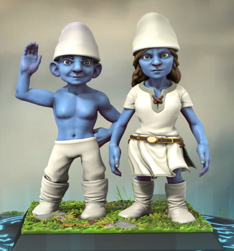 Un Schtroumph et une Schtroumphe  portant des vêtements blancs simples