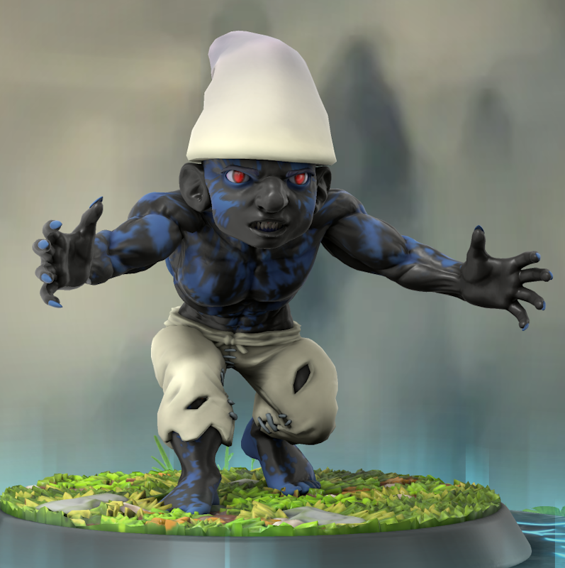 Un Schtroumpfs à la peau marbrée de bleu et de noir, avec des griffes, des yeux rouges et des vêtements déchirés.
Il a pas l'air gentil du tout.