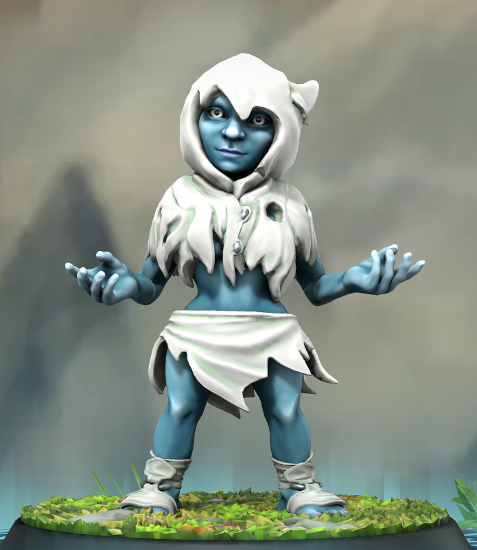 Une Schtroumpfe dont la peau bleu a une apparence artificielle. Elle porte une tenue blanche déchirée et une capuche plutôt qu'un bonnet