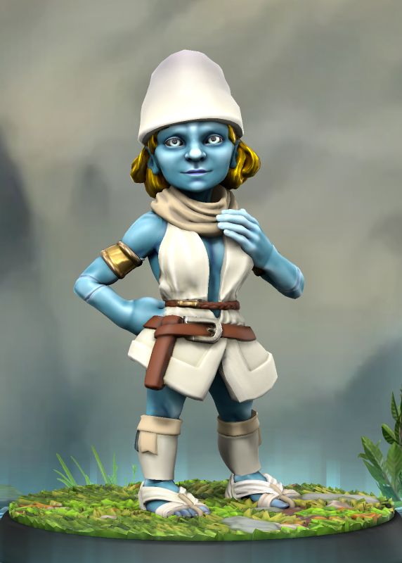 Une Schtroumpfe dont la peau bleu a une apparence artificielle. Ses cheveux court sont de couleur or. Elle porte une tenue blanche et une écharpe couleur crème.