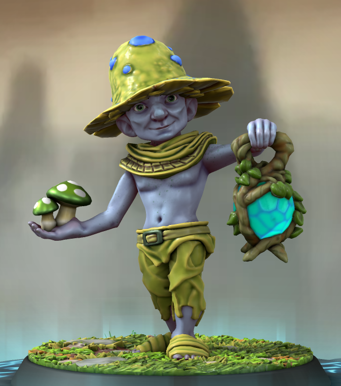 Un Schtroumpfehabillé de vert, avec un chapeau champignon. Il tient une lanterne magique et une paire de champignons.