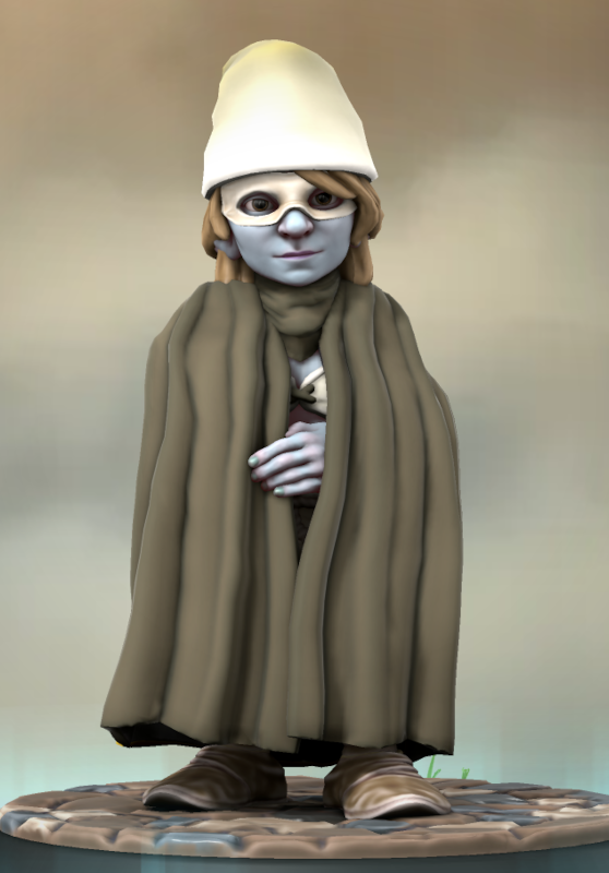 Une schtroumpfe enveloppée dans un grand manteau marron-vert. Elle porte un masque.