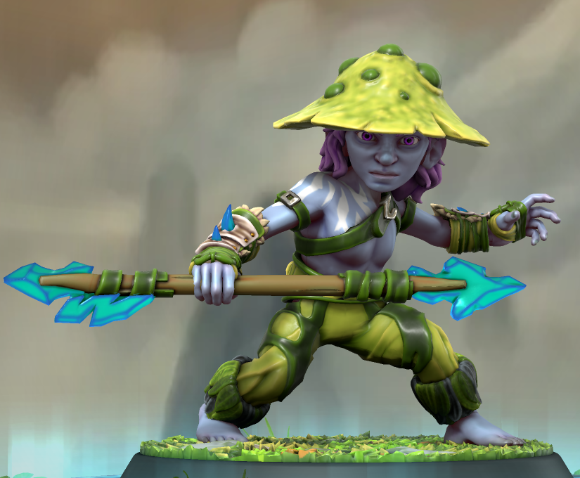 Un Schtroumpf au physique androgyne portant la tenue des habitants de la forêt. Ses cheveux et ses yeux sont mauves. Son arme est un épieu à double lame cristalline.