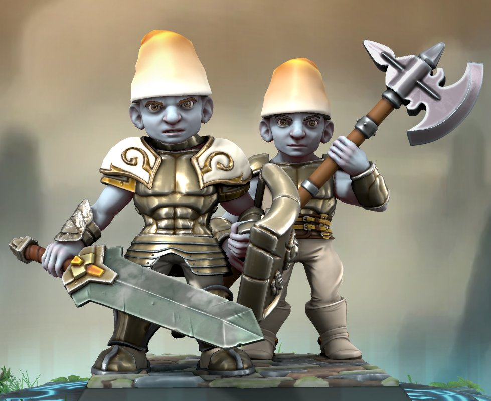 Le Schtroumpf Costaud, vêtu d'une lourde armure de métal. Il est armé d'un bouclier et d'une épée massive. Il n'a pas l'air commode.
Il est accompagné d'un garde en armure portant une hallebarde.