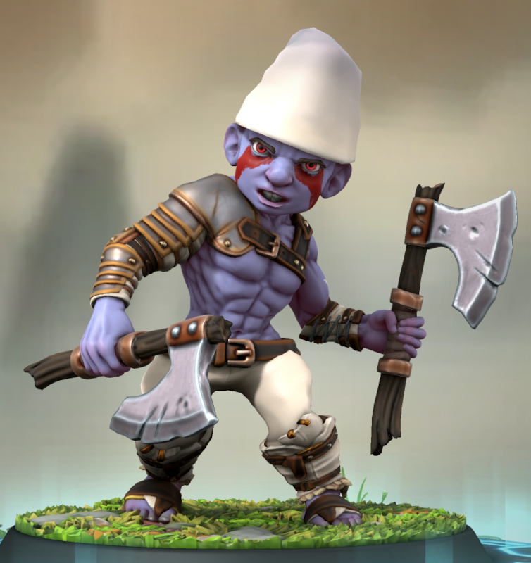 Un schtrompf à la peau violacée, légèrement armuré et tenant deux haches. Il a les yeux rouge et des peinture de guerre rouge sur les joue. Il a l'air très agressif.