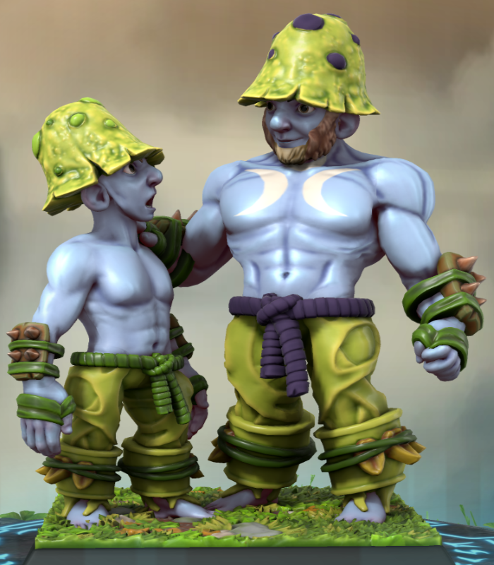 Le Schroumpf Géant face à un autre Schtroumpf de la forêt. Ils portent des tenues simples et des plaques de bois cloutées attachées aux avant-bras.
Le Schtroumpf géant a une barbe et des tatouages de lune sur le torse.
L'autre Schtroumpf est visiblement très impressionné par la taille du Schtroumpf Géant.