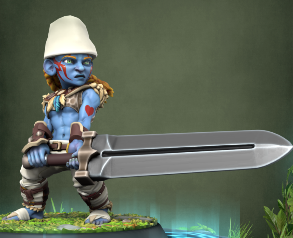 Une Schtroumpfe musclée, en tenue légèrement armurée, tenant à deux mains une épée plus grande qu'elle.
Elle a des peintures de guerre rouge sur le visage et un coeur tatoué sur le bras