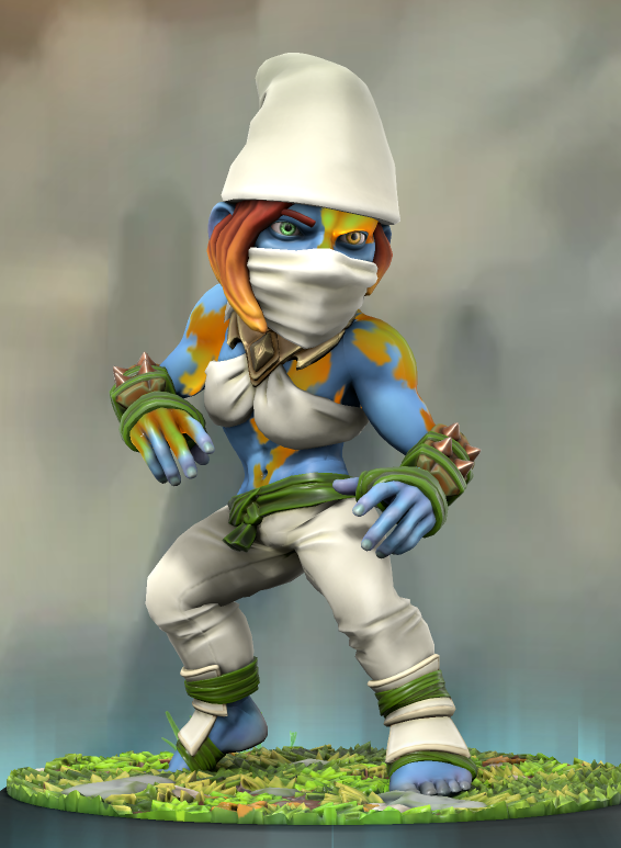 Une Schtroumpfe dont la peau est marquée de zone vert-orangé un peu luisante. Elle porte une bandeau sur le bas du visage. Elle a des plaque de bois cloutés sur les avants bras et se tient dans une position martiale.