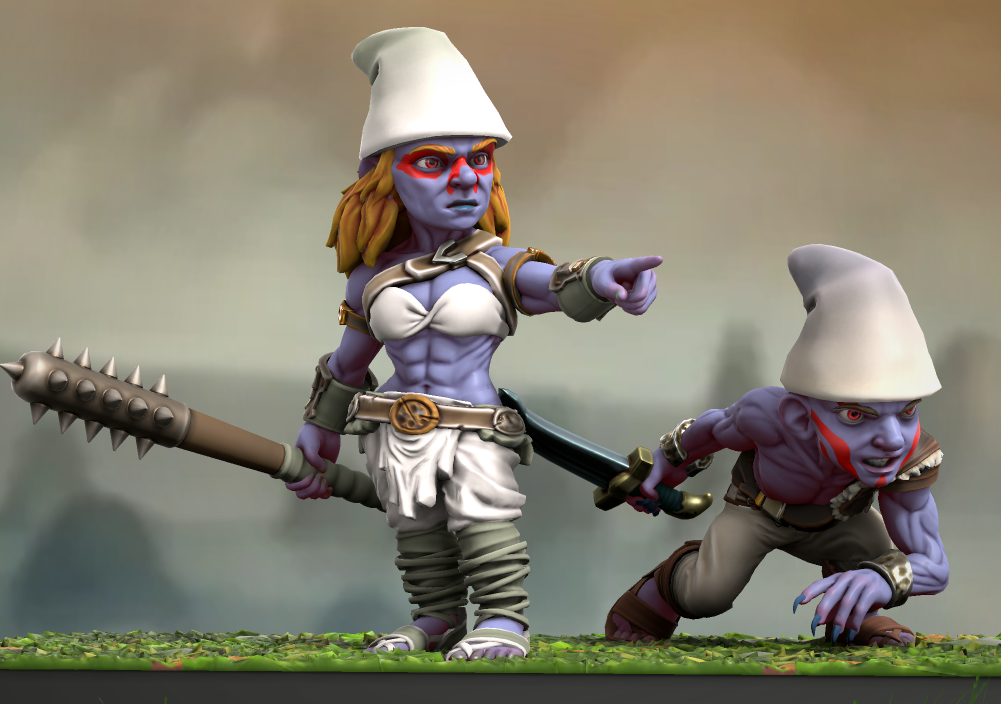 Une Schtroumpfe et un Schtroumpf à la peau violacée, avec les yeux rouges et des peinture de guerre rouge.
Elle est armé d'une longue masse à pointe et lui d'une lame courbe.
Ils semblent sur le point d'attaquer.
