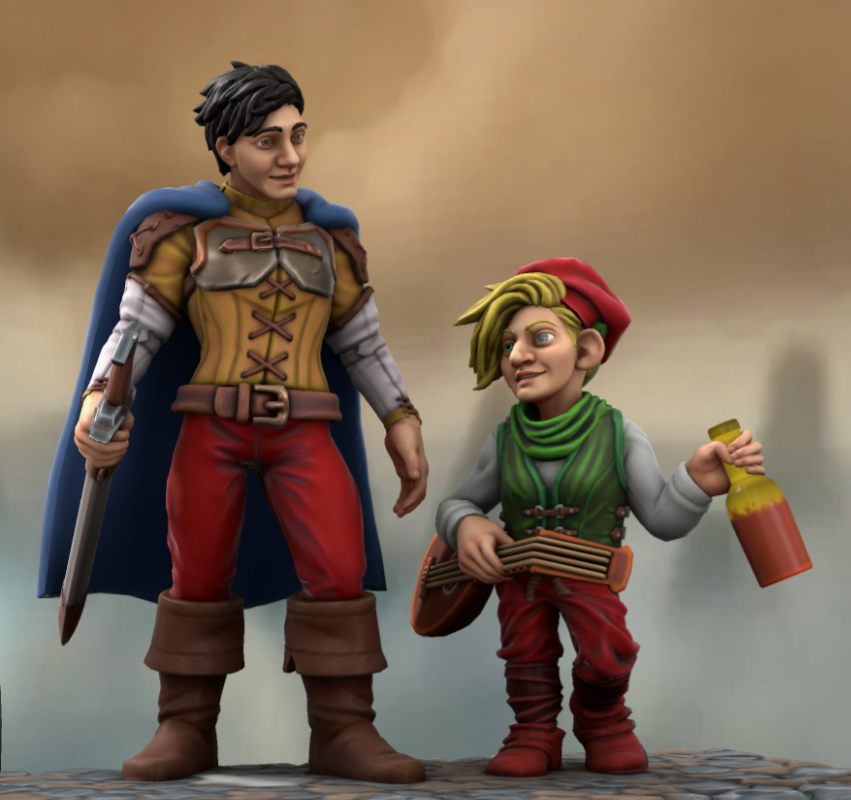 Johan et Pirlouit
Johan porte des vêtements jaune, blanc et rouge, légèrement armuré et une cape bleue. Il porte son épée à la main.
Pirlouit est bien plus petit que Johan, il est vêtu de vert et de rouge. Il porte son luth et une bouteille de vin