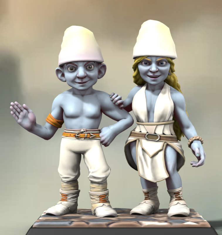 Un Schtroumph et une Schtroumphe à la peau bleu pâle portant des vêtements blancs.