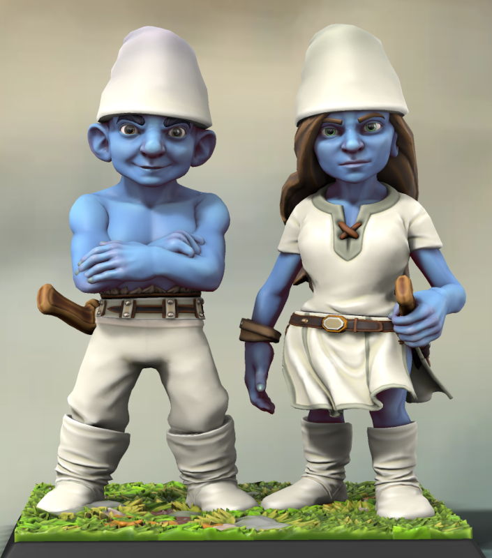 Un Schtroumph et une Schtroumphe portant des vêtements blancs simples. Ils ont tous les deux un poignard à la ceinture.