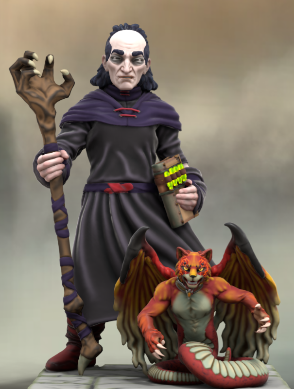Le sorcier Gargamel, tenant un bâton surmonté d'un crâne et un manuel d'alchimie.
Azrael, à ses pieds, est un mélange de chat et de serpent, avec des ailes démoniaques.