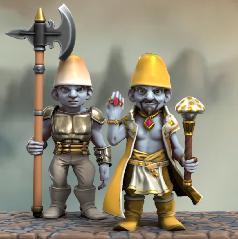 Le Schtroumpfissime. Ses vêtements sont jaune-doré. Il porte plein de bijoux et un lourd manteau décoré.
Il a un bouc et une moustache.
Il est accompagné par un garde qui porte une armure et tient une hallebarde.