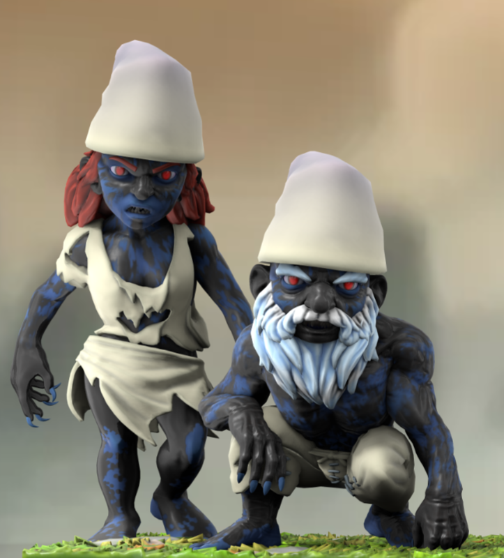 Une schtroumpfe infectée aux cheveux rouges aux côté d'un vieux Schtroumpf infecté accroupi. Il a une longue barbe blanc bleuté