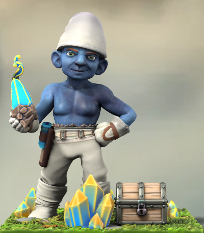 Un Schtroumpf portant des gants de protection et tenant un cristal bleu et jaune qui fume.
Il a le corps couvert des traces noirs d'une explosion.
Il y a des cristaux et un coffret à ses pieds