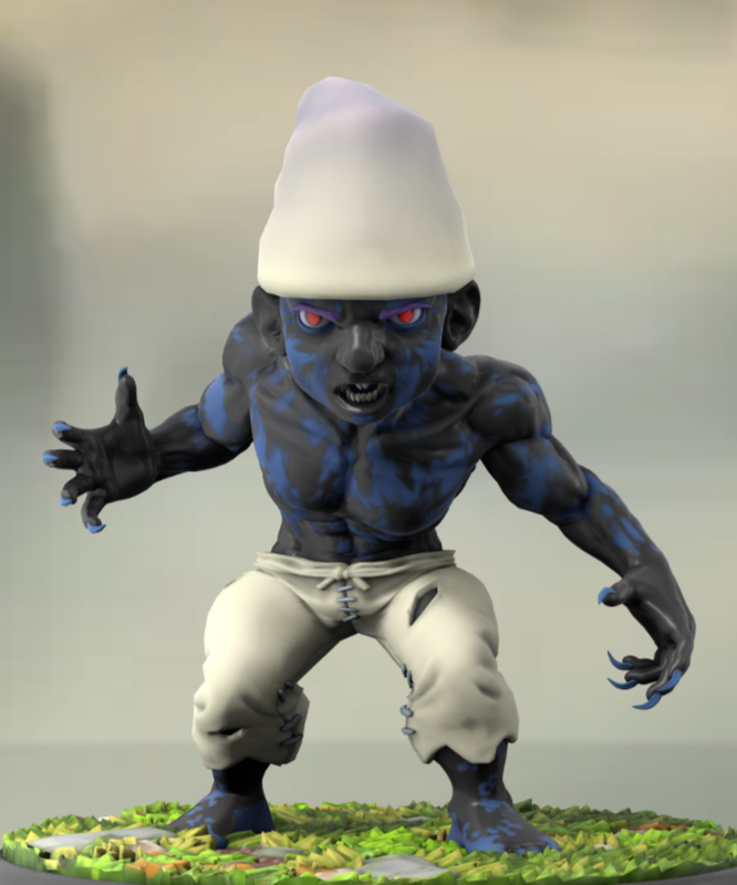 Un Schtroumpfs à la peau marbrée de bleu et de noir, avec des griffes, des yeux rouges et des vêtements déchirés.
Il a pas l'air gentil du tout.