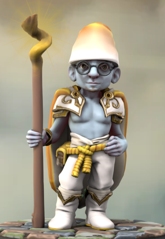 Le Schtroumpf à lunette avec une cape blanche et jaune, ainsi qu'un bâton de magicien. Il a un petit peu de poils au menton.