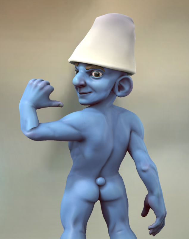 Un Schtroumpf nu, vu de dos. Il montre fièrement son petit bout de queue. Comme il ne voudrait pas avoir l'air indécent, il porte quand même son bonnet.