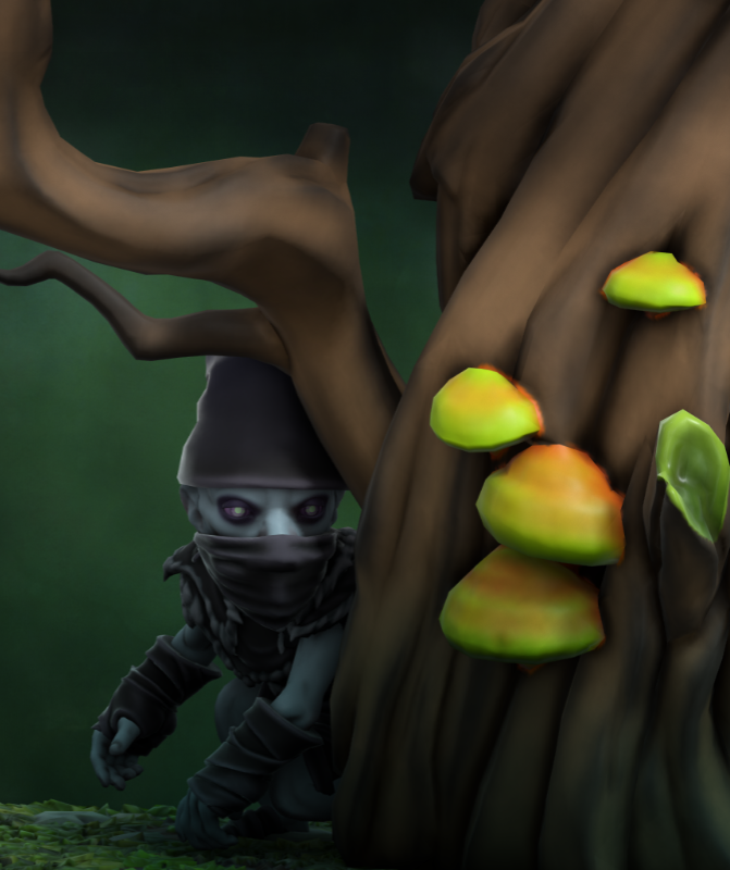 Un Schtroumpf mystérieux, au regard pâle, tout de noir vêtu et avec un masque sur le bas du visage. Il se cache derrière un arbre et semble espionner quelqu'un ou quelque chose.