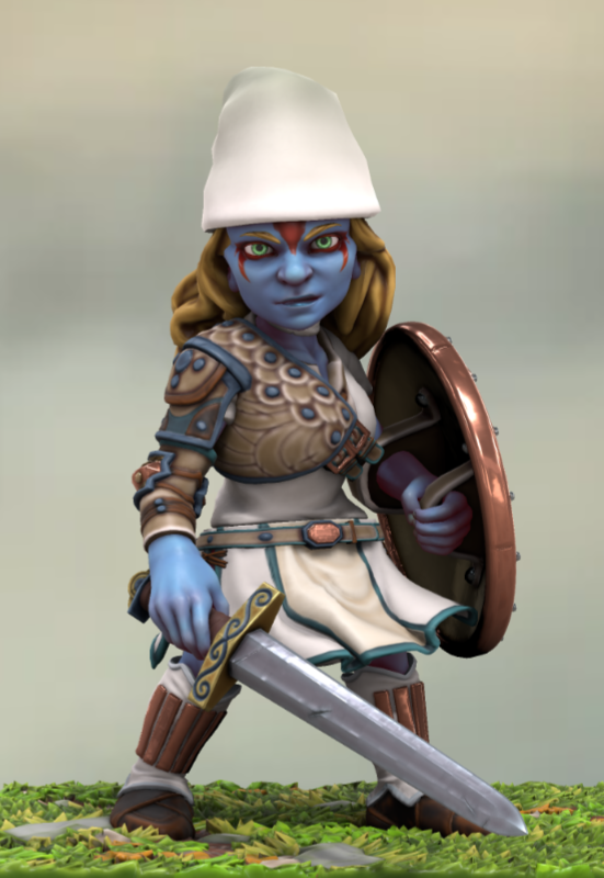 Une Schtroumpfe tenant une épée et un bouclier. Elle porte une armure légère et des peintures de guerre.