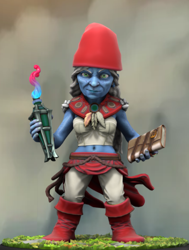 Une Schtroumpfe assez âgée vêtue de blanc et de rouge. Elle tient une fiole de potion dans une main et un livre dans l'autre. 