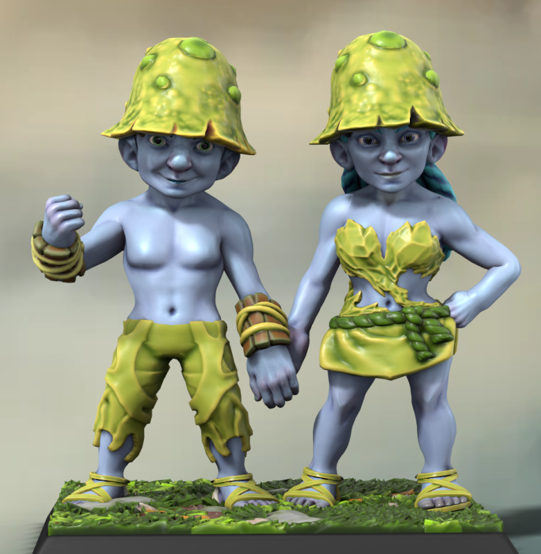 Un Schtroumpf et une Schtroumpfe en tenue vert clair. Leurs bonnets sont en forme de champignon