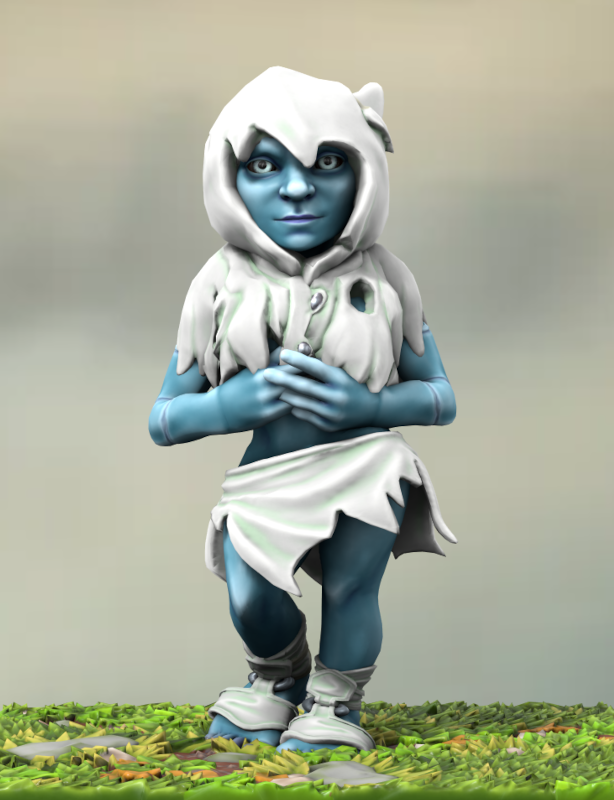 Une Schtroumpfe dont la peau bleu a une apparence artificielle. Elle porte une tenue blanche déchirée et une capuche plutôt qu'un bonnet