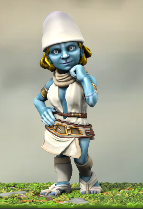 Une Schtroumpfe dont la peau bleu a une apparence artificielle. Ses cheveux court sont de couleur or. Elle porte une tenue blanche et une écharpe couleur crème.