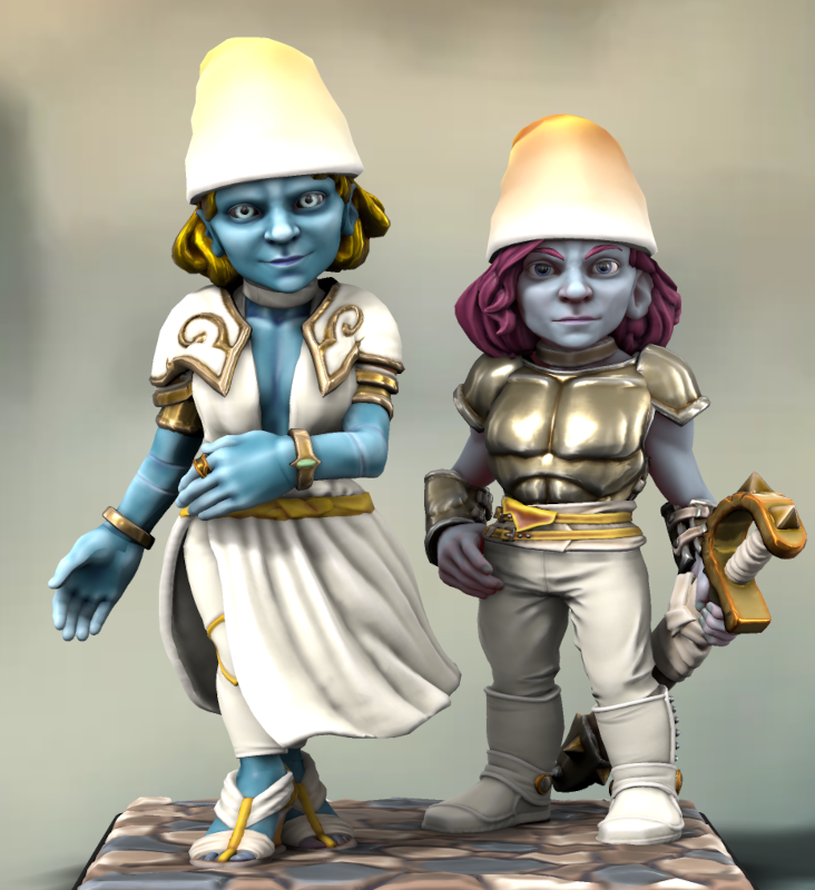 La Schtroumpfette dans une élégante robe à la mode du Bourg.
Elle est accompagnée par uen garde de corps en armure, avec une épée au côté.