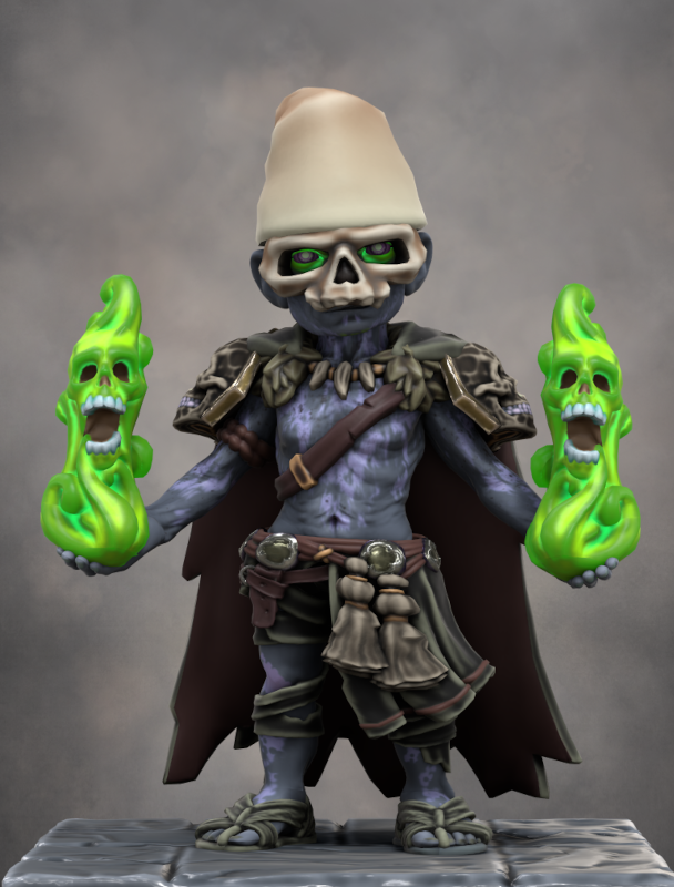 Un vieux Schtroumpf à la peau sombre marbrée de noir. Il porte une tenue de nécromant et un masque en forme de crâne. Des flammes vertes inquiétantes jaillissent de ses mains.