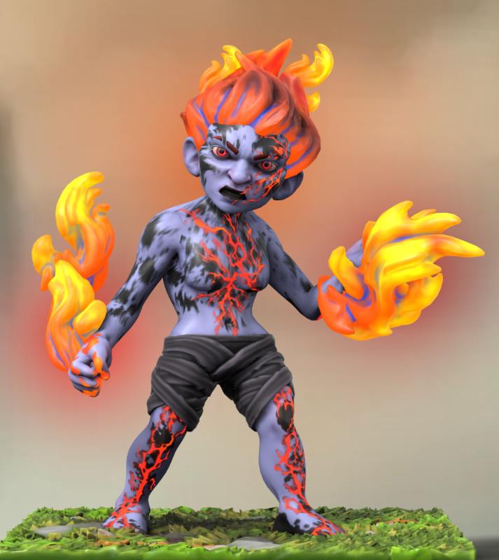 Une Schtroumpf à la peau bleue et noire, marbrée de rouge. Elle a une chevelure de flammes et du feu autour des mains