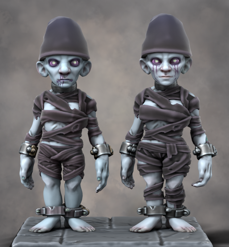 Un Schtroumpf et une Schtroumpfe mort-vivant. Leur peau est pale et leurs yeux vitreux.
Ils sont vêtus de bandages noirs et portent des bracelets de métal aux poignets et aux chevilles.