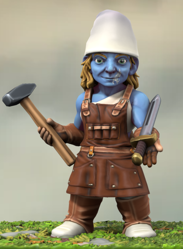 Une Schtroumpfe assez musclée, avec une cicatrice sur la bouche. Elle porte une tablier et des bottes de forgeron. Elle a un marteau en main et tend une épée fraichement fabriquée.