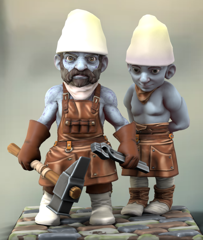 Un Schtroumpf barbu assez âgé, avec un air sévère. Il porte une tenue de forgeron.
Derrière lui se tient un jeune Schtroumpf avec un tablier de forge. Il a l'air intimidé.