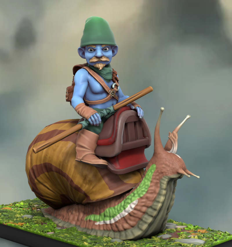 Un schtroumpf à la tenue verte, avec une moustache et un bouc blond. Il chevauche un gros escargot de monte.